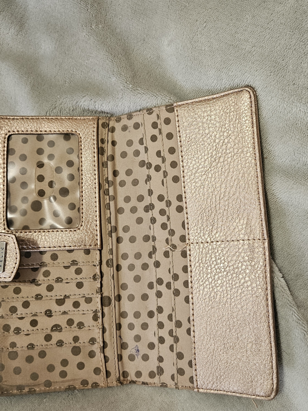 Women's Metallic Rose Gold Leather Wallet with Polka Dot Interior